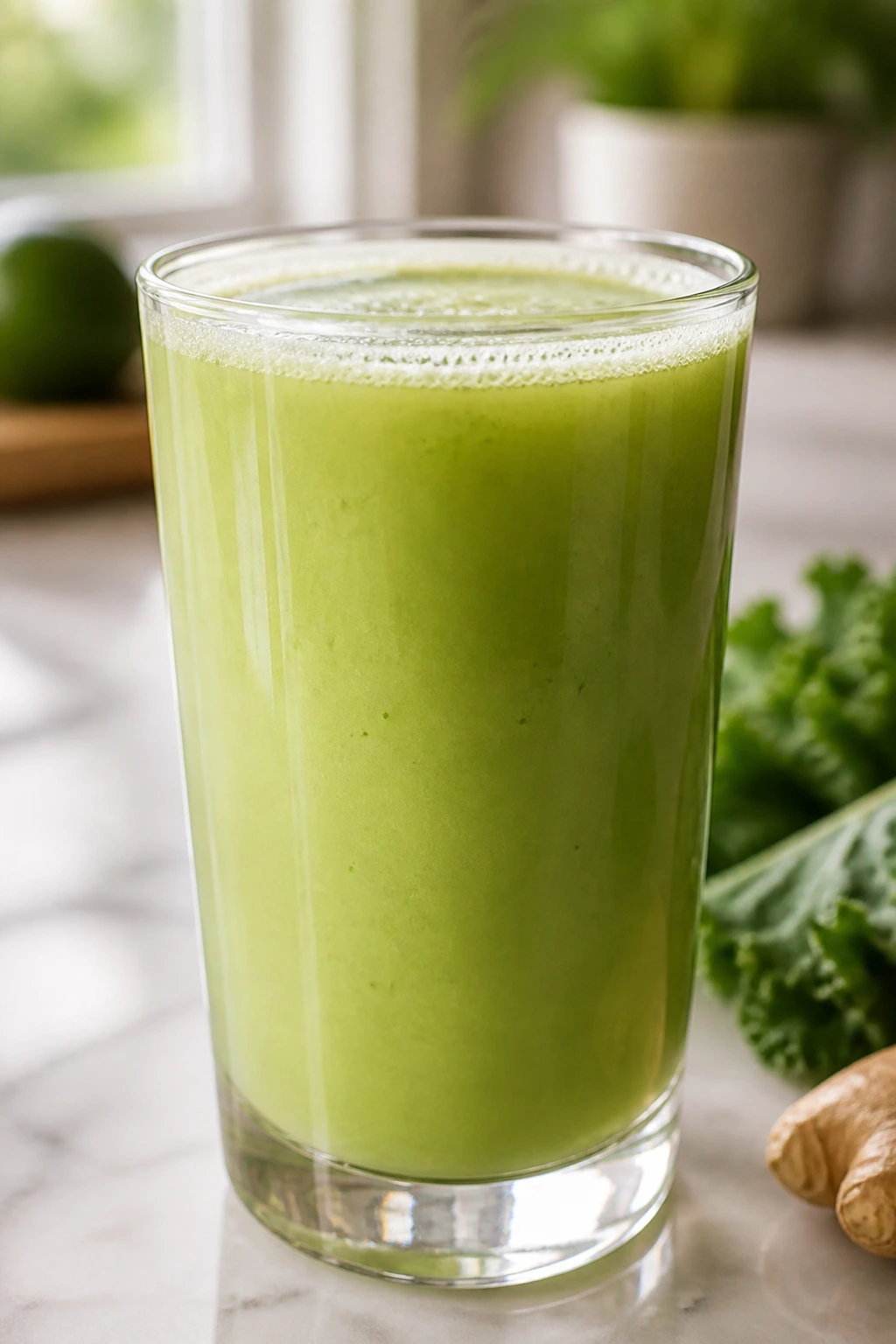 Close-up of pale green kale juice glass on bright counter