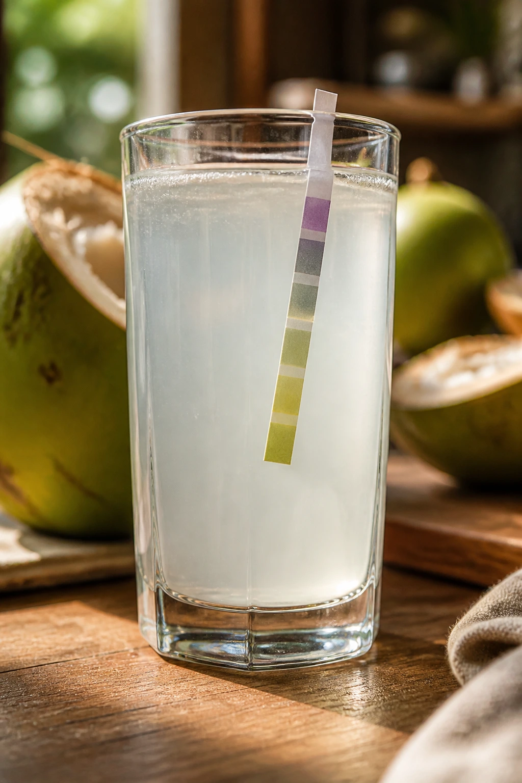 Close-up of coconut water in a glass with a color-changing pH indicator, in a warm kitchen.