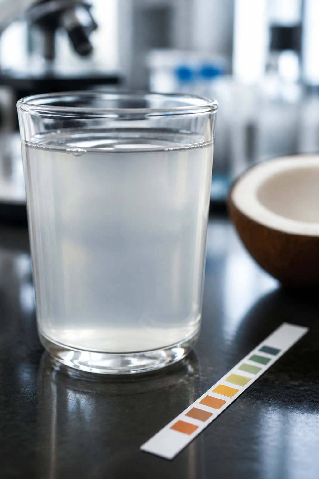 Glass of coconut water with a pH indicator strip in a lab setting.
