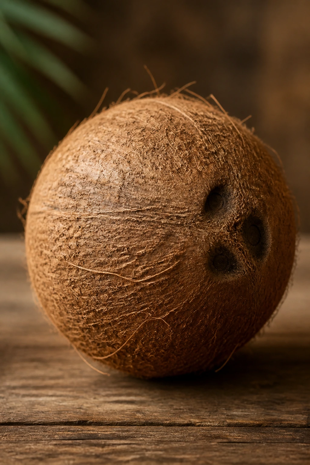 Whole coconut on a wooden surface under natural light