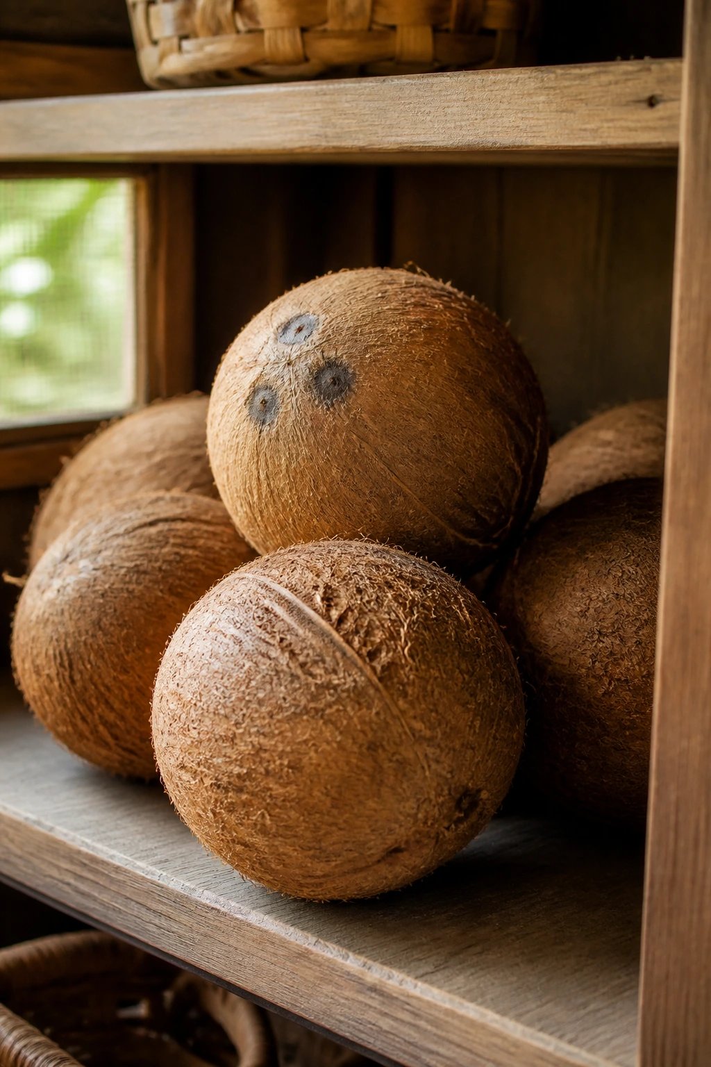 Whole coconuts stacked on a pantry shelf