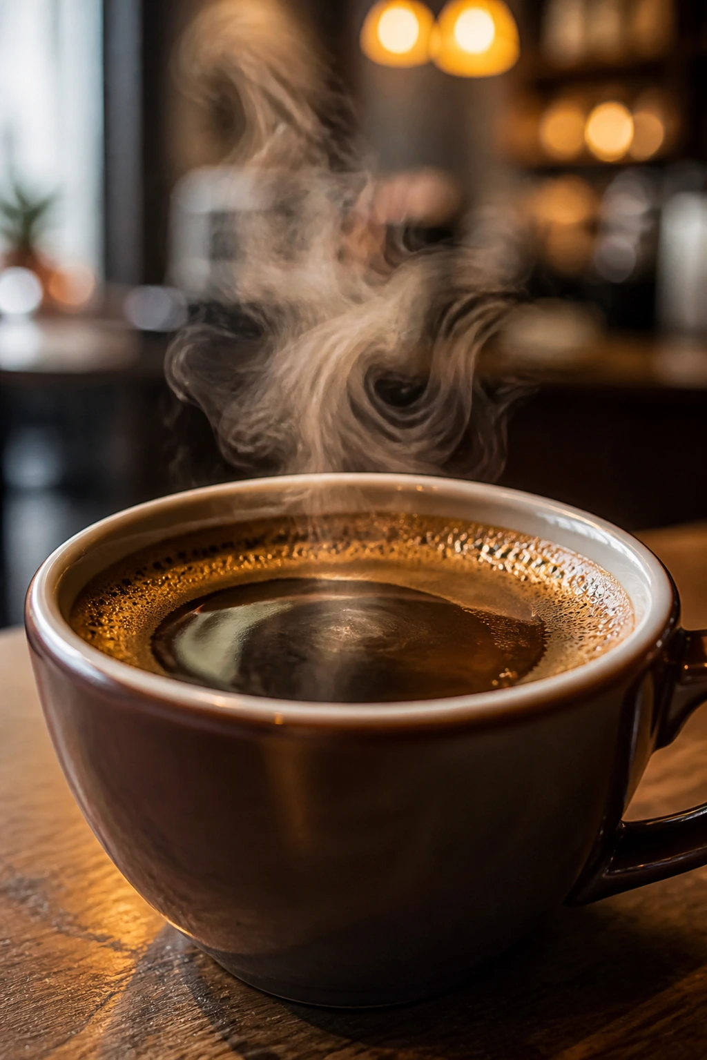 Close-up of a steaming coffee cup on a wooden table in a cozy cafe