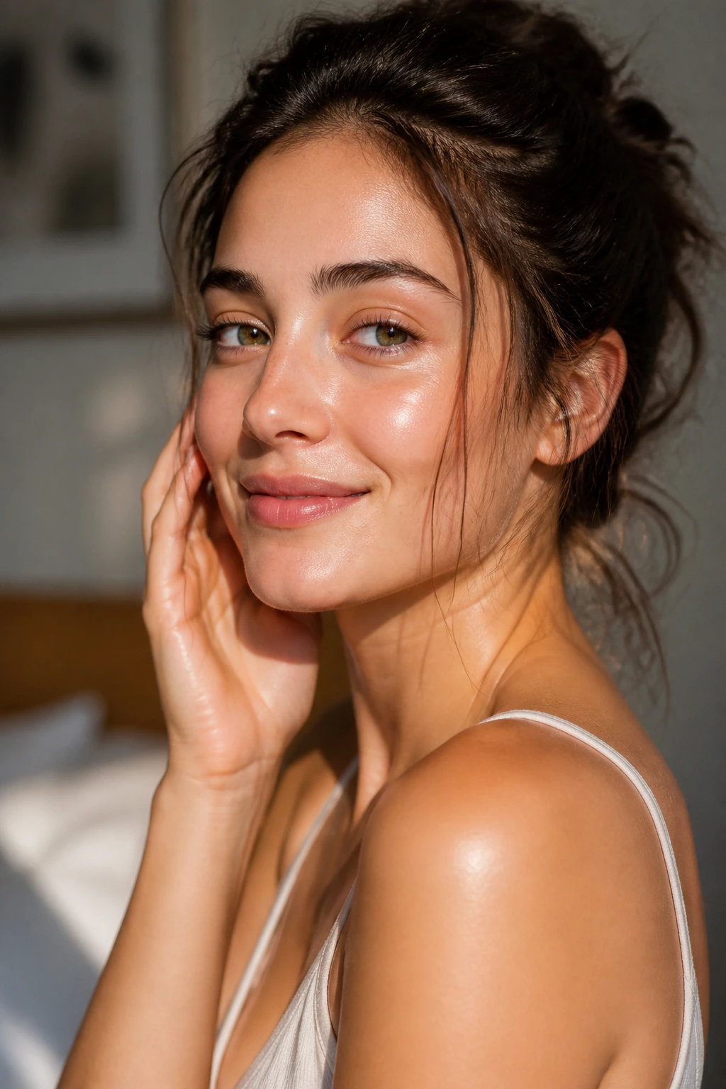 Close-up portrait of a woman with glowing, smooth skin in natural light
