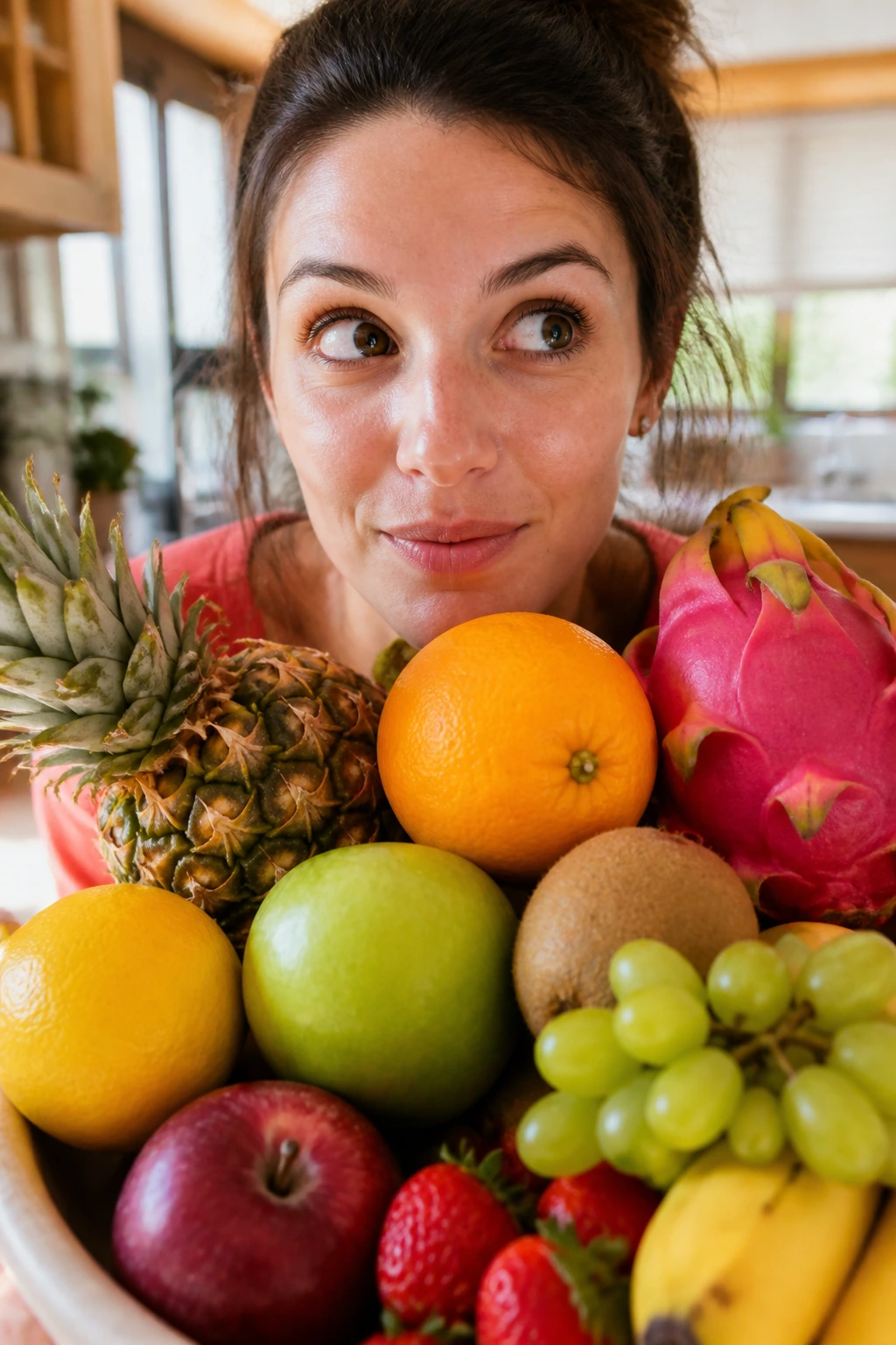 Why Am I Craving Fruit All Of A Sudden? Here Are 7 Reasons 7 Close-up portrait of a real person holding colorful fruits in a cozy kitchen