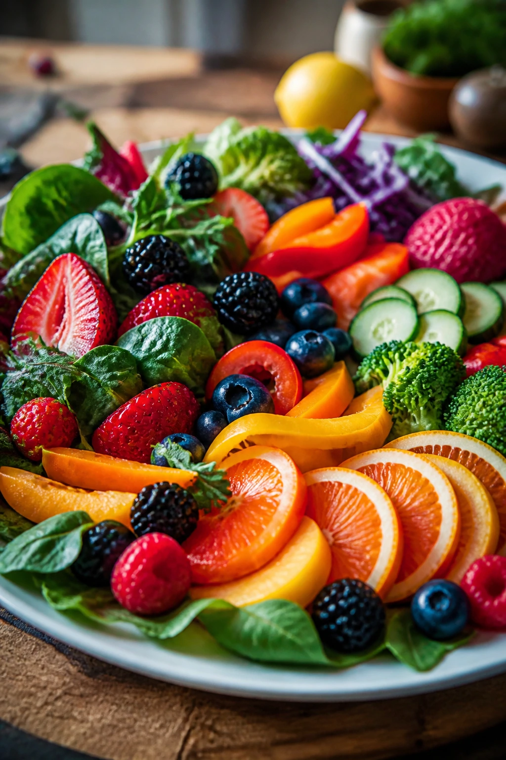 Vital Nutrients: Why Are Fruits And Vegetables Important? 15 Close-up of a colorful plate of fruits and vegetables on a rustic kitchen counter