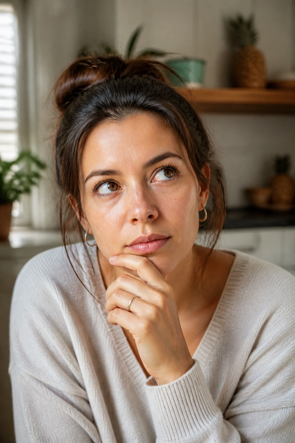 Portrait of a real person with a thoughtful expression in a kitchen.