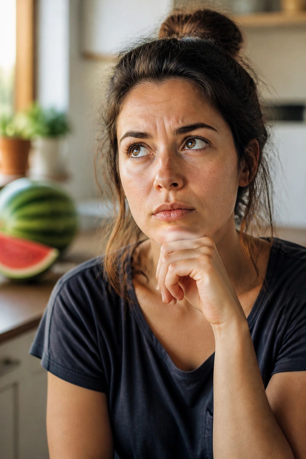 Close-up portrait of a real person in a kitchen, thoughtful about watermelon and gastritis