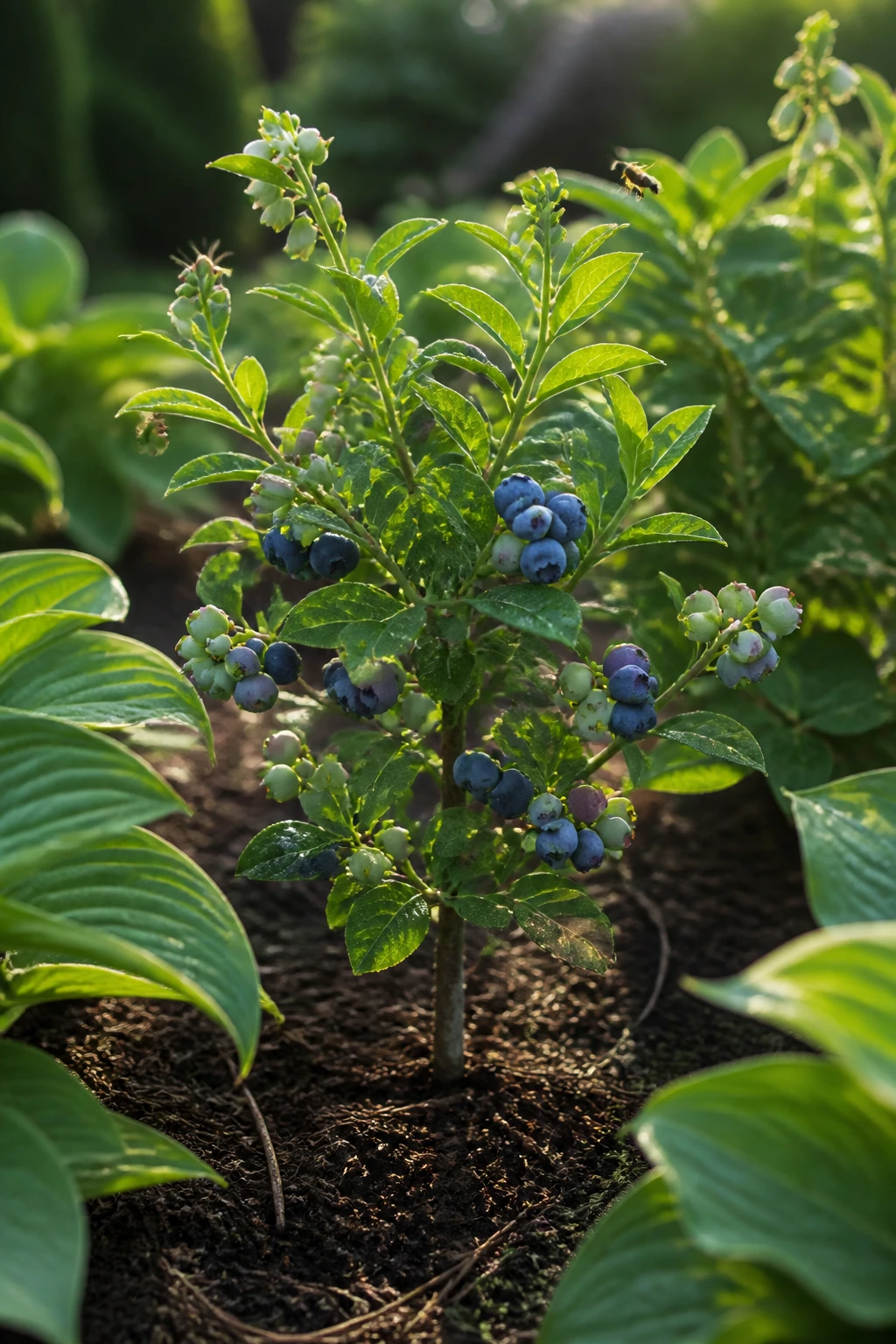 12 Best Companion Plants To Blueberries To Improve Yield 1 Close-up of a blueberry plant with surrounding soil and companion plants in a garden bed