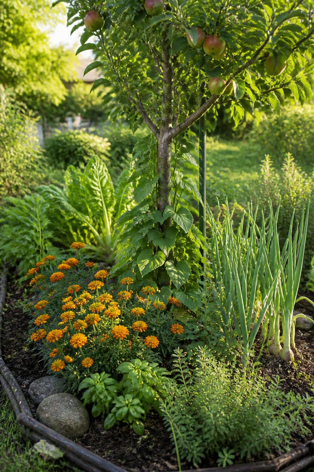 Fruit tree in a sunlit garden with a diverse ring of companion plants around its base