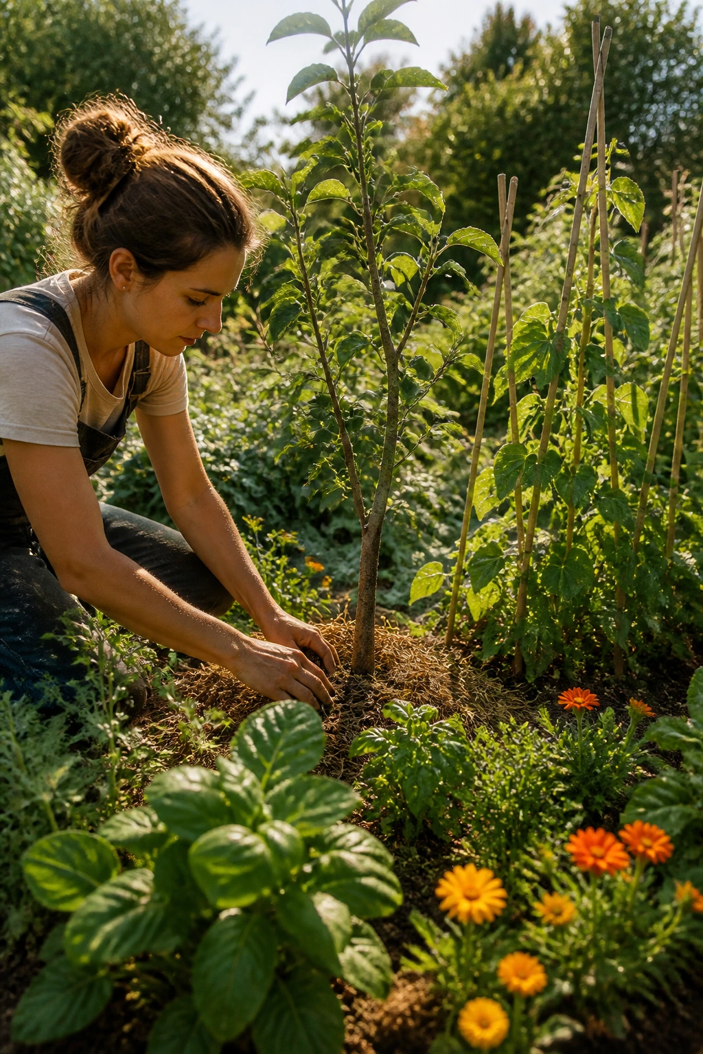Gardener tending a fruit tree with beans, herbs, and flowers in a sunlit garden