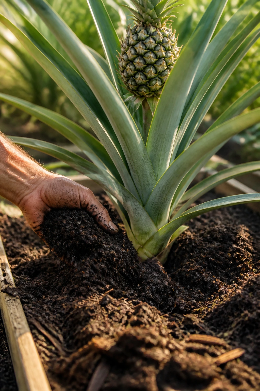 Close-up of compost being worked into soil around a pineapple plant