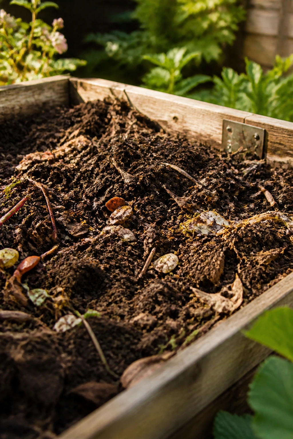 From Passion to Harvest: How To Start Farming With No Money? 4 Close-up of rich compost in a wooden bin in a garden