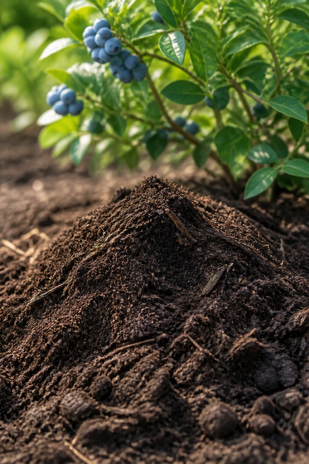 Is Manure Good for Blueberries? Which is the Best Manure? 2 Pile of crumbly composted manure near a blueberry plant in a garden