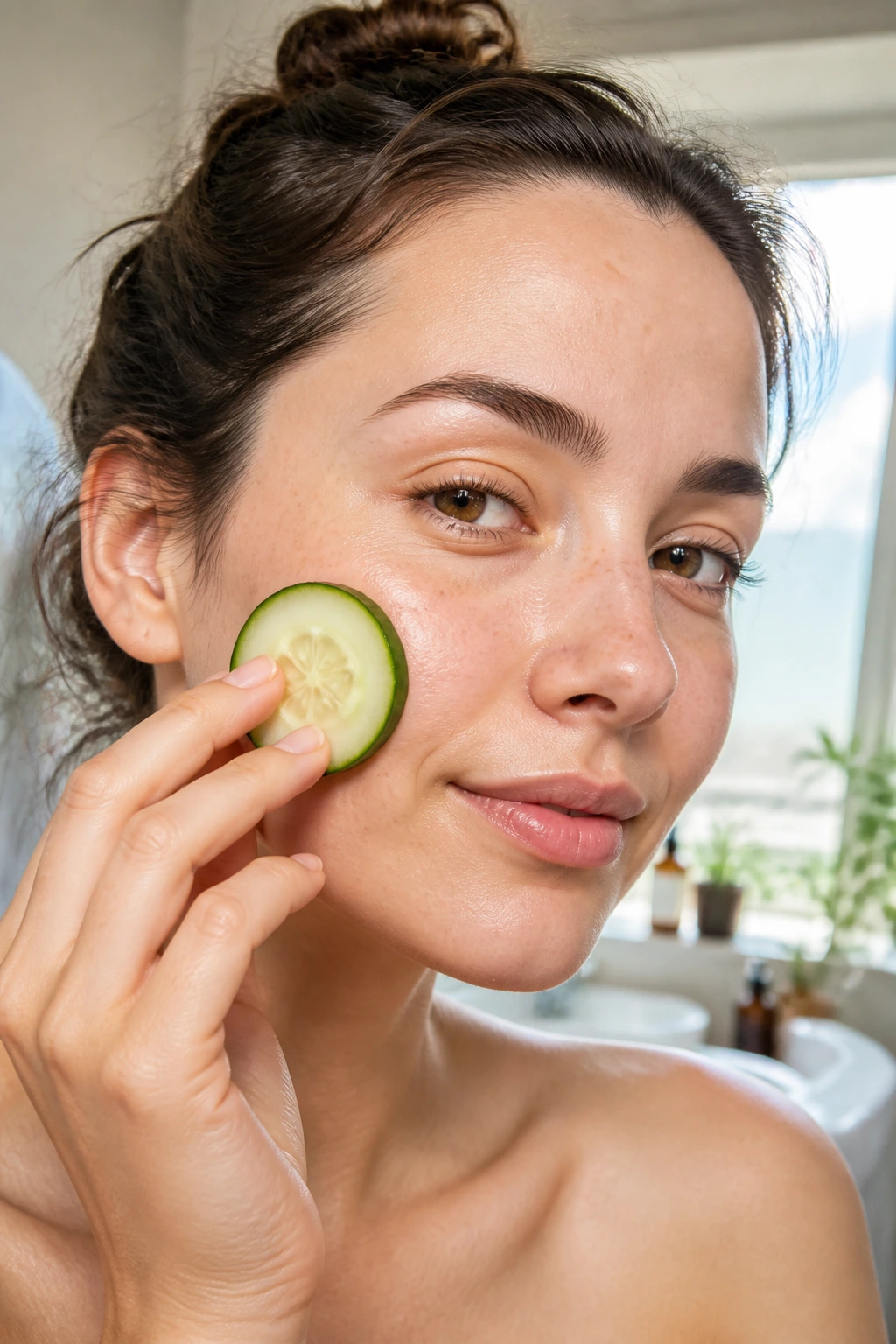 Banishing Breakouts: Are Cucumbers Good For Acne? 7 Close-up portrait of a real person applying a cucumber slice to their cheek in a bright bathroom