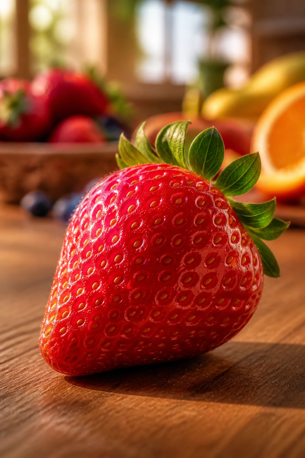 Close-up strawberry on warm wooden table with soft golden hour lighting