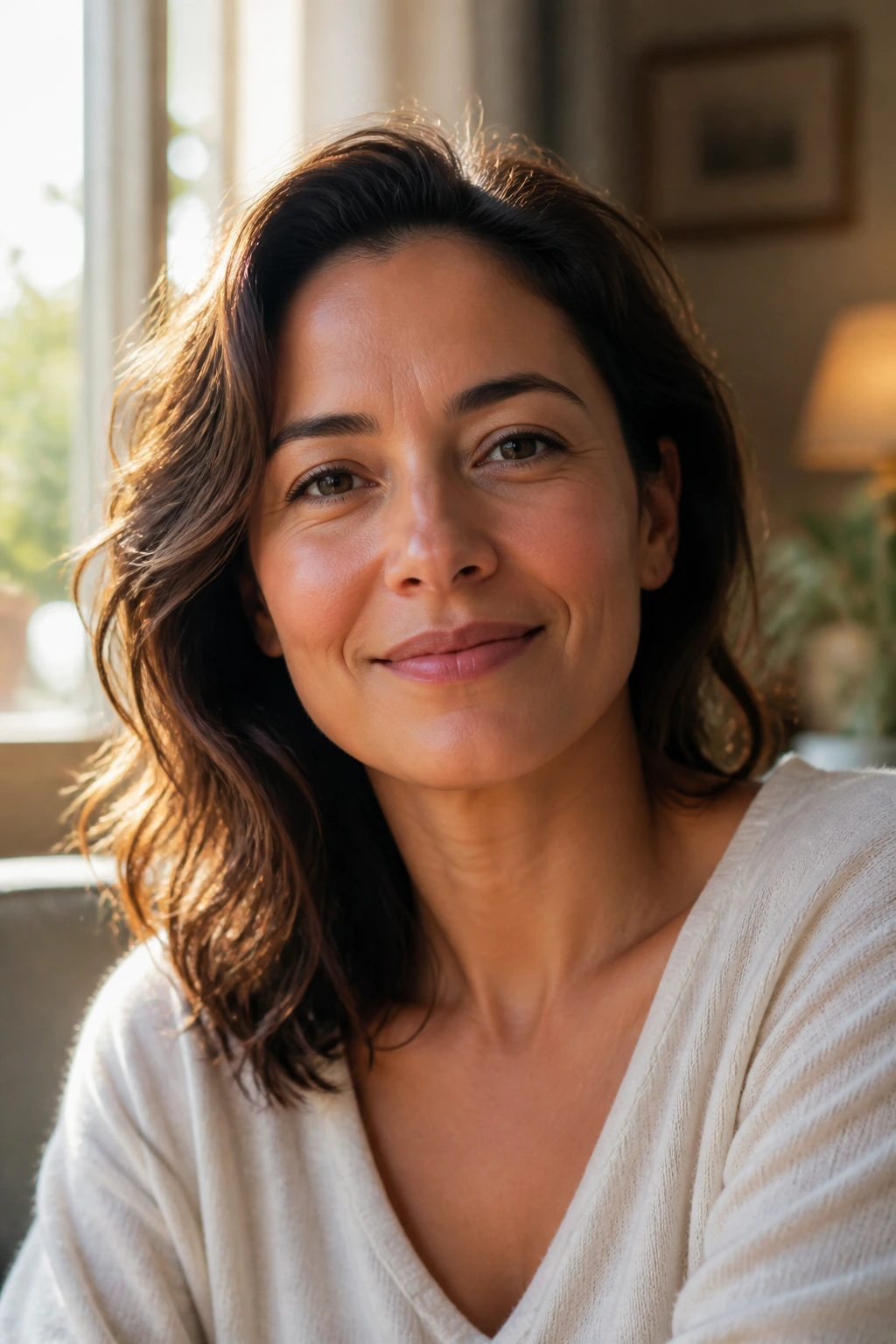 Close-up portrait of a content adult in a cozy home