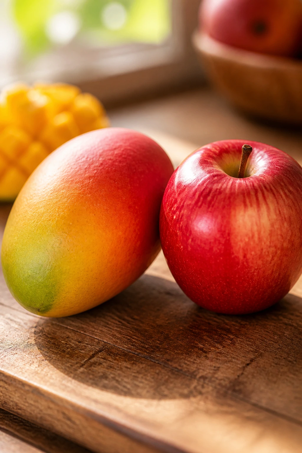 Mango and apple side by side on rustic board