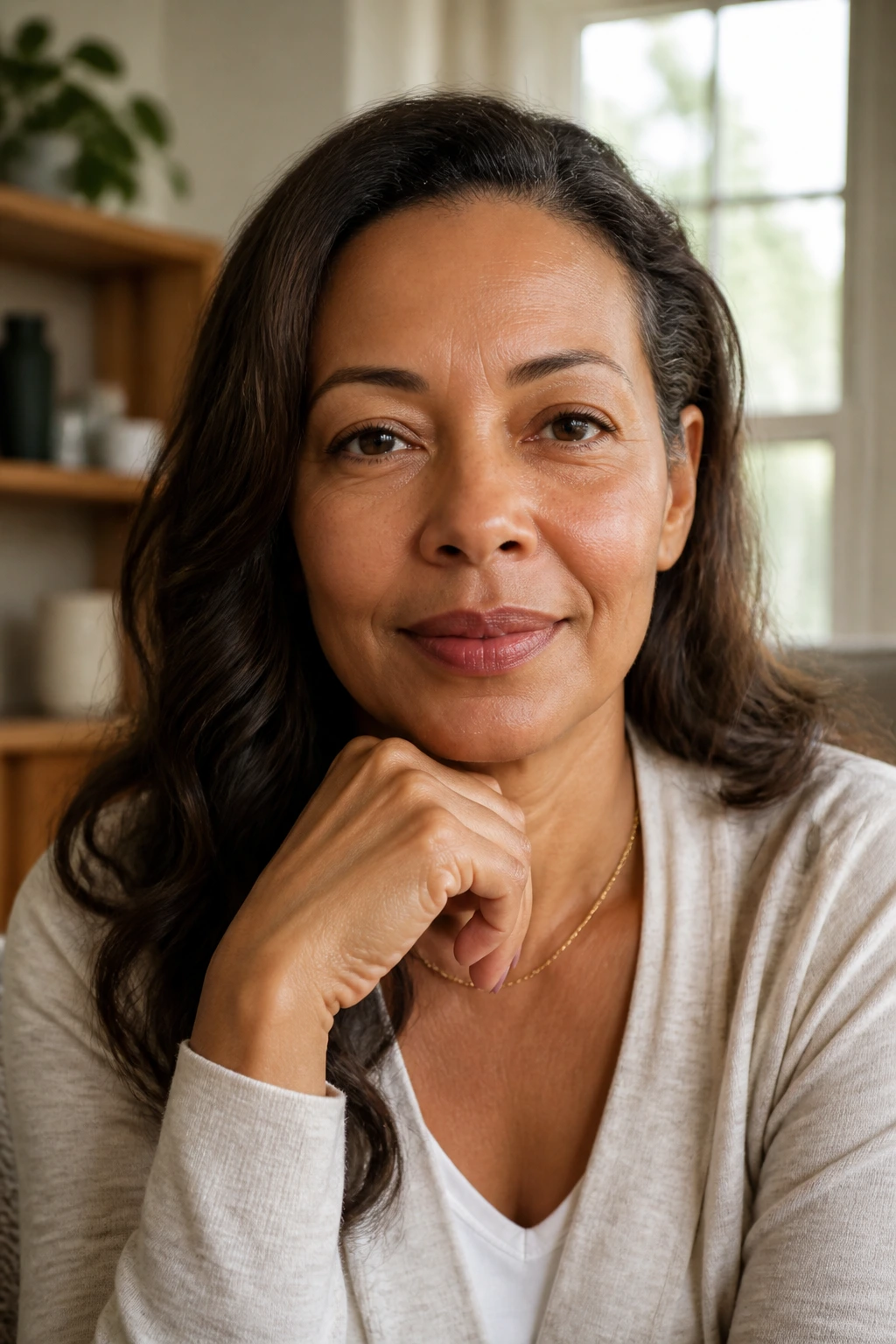 Close-up portrait of a real person in a cozy home setting
