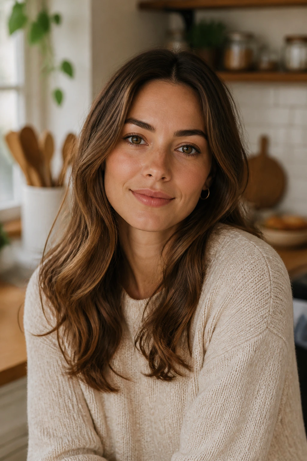 Portrait of a real person in a warm kitchen, conveying a concluding mood