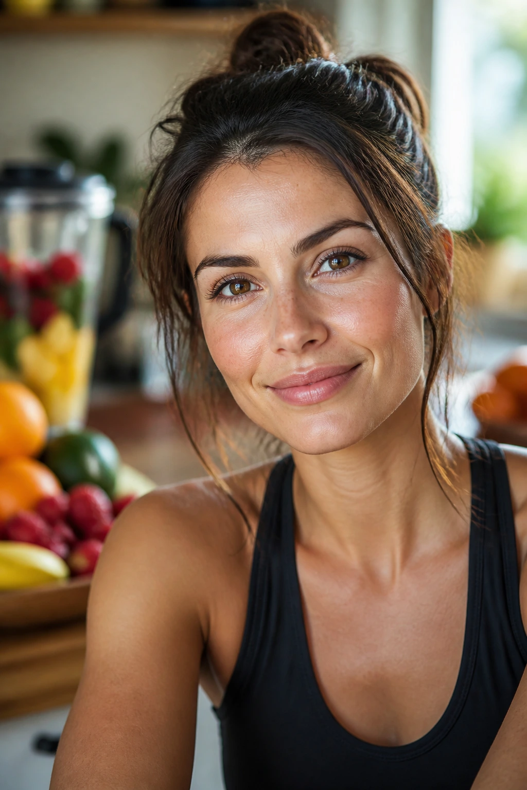Close-up portrait of a real woman in a warm kitchen, reflecting on fruit and smoothie health choices