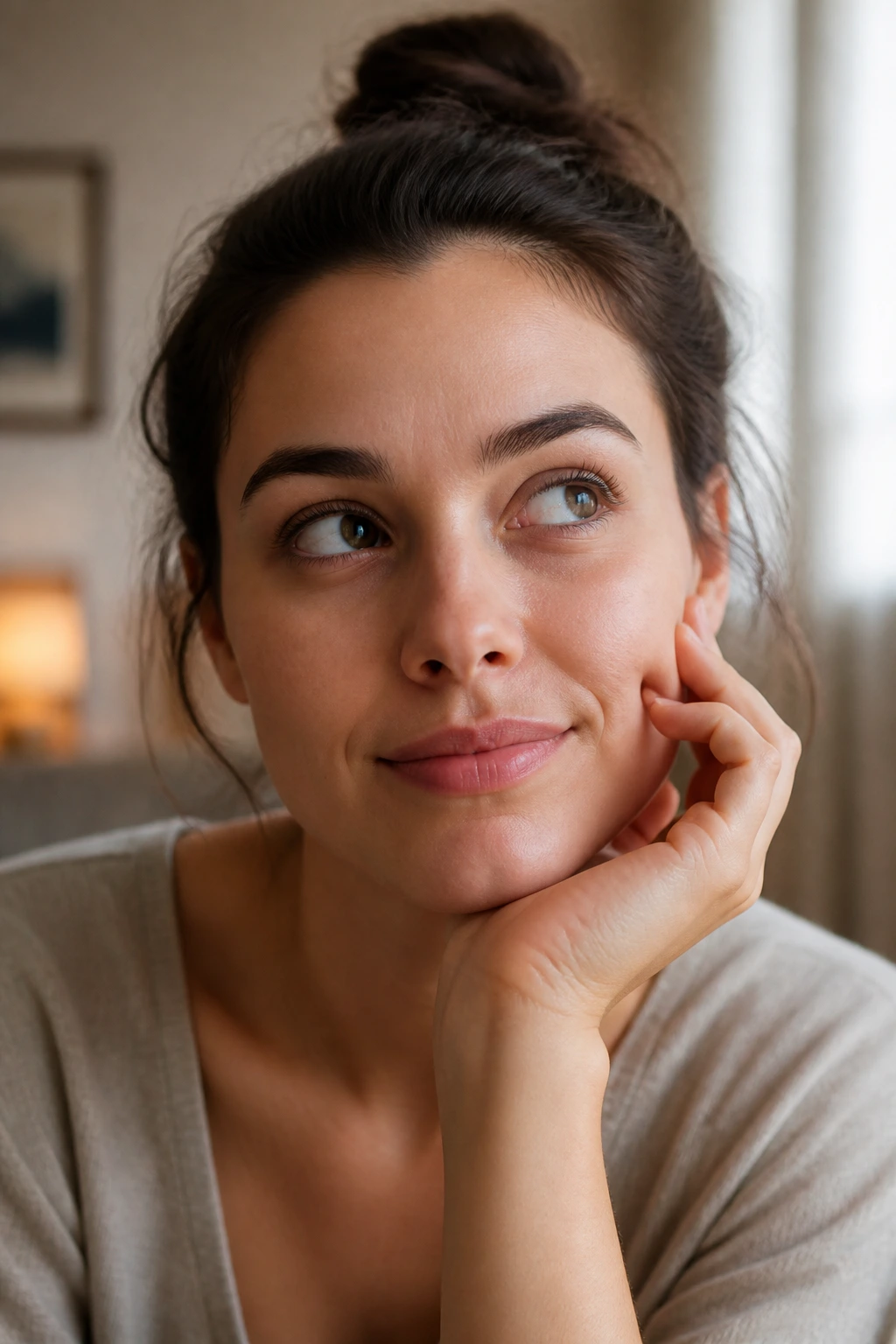 Close-up portrait of a calm, thoughtful person in a softly lit living room