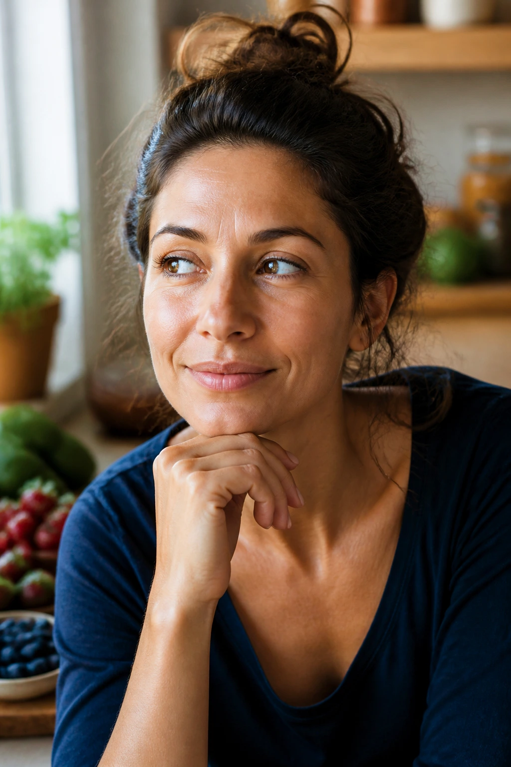 10 Best Low-Carb Fruits to Add to Your Diet 4 Close-up portrait of a thoughtful person in a warm kitchen, reflecting on a healthy, low-carb fruit diet.