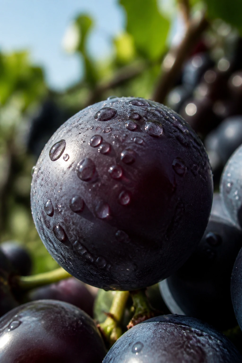 Macro close-up of a Concord grape with dew on its skin and a vineyard backdrop