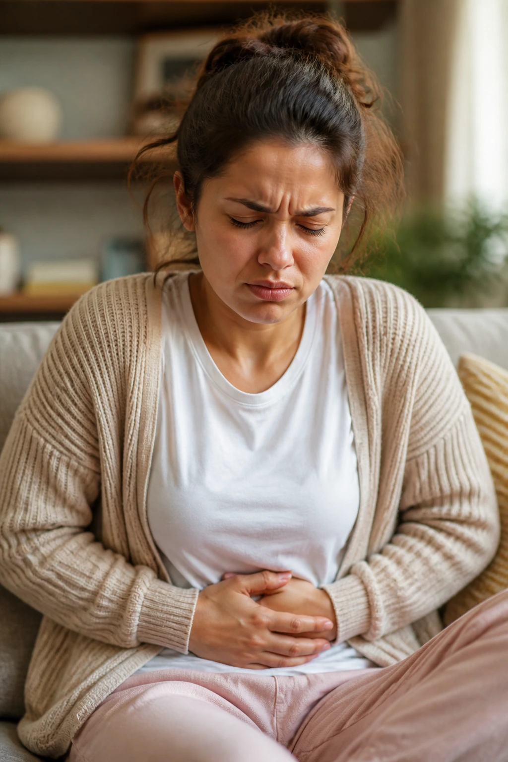 Close-up portrait of a person clutching the abdomen to show constipation symptoms