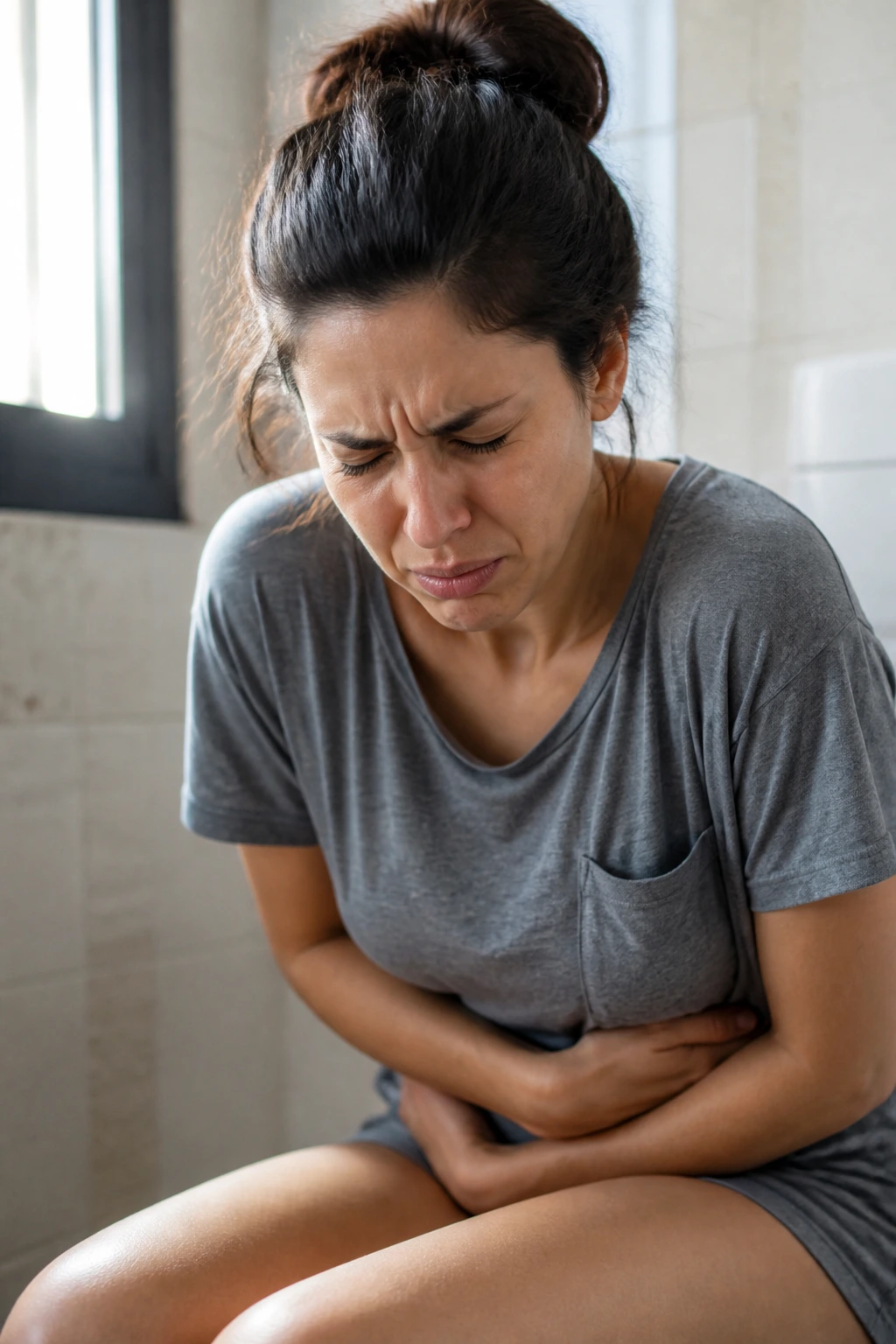 Close-up portrait of a real person in a bathroom showing discomfort from constipation