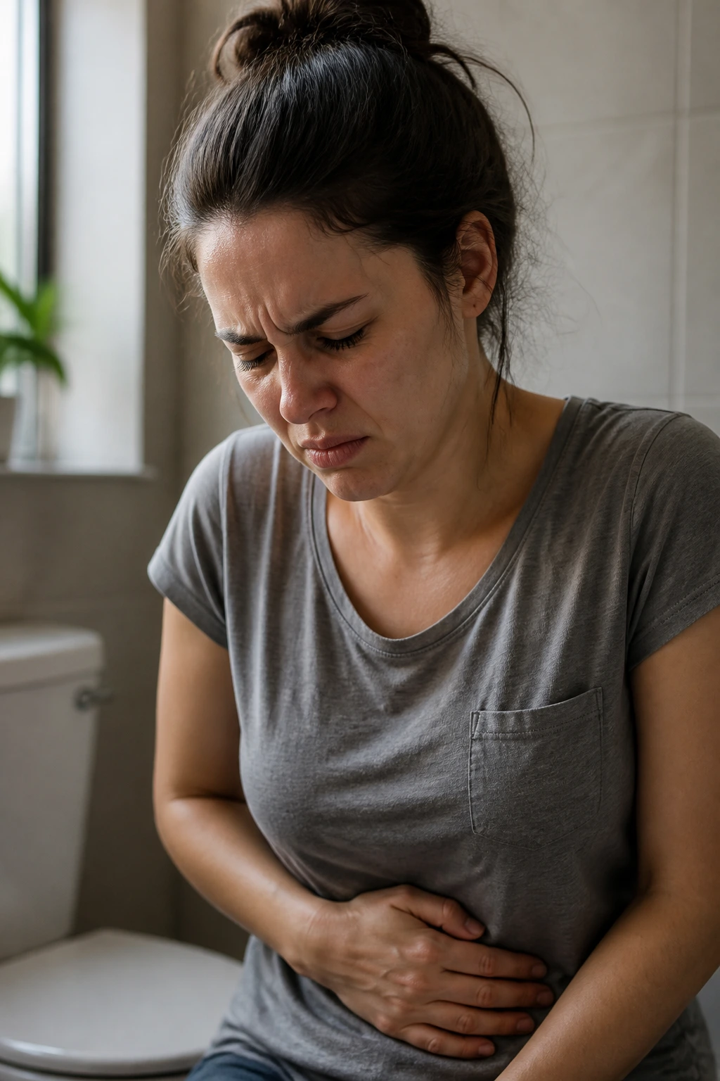 Close-up portrait of a real person displaying abdominal discomfort to represent constipation