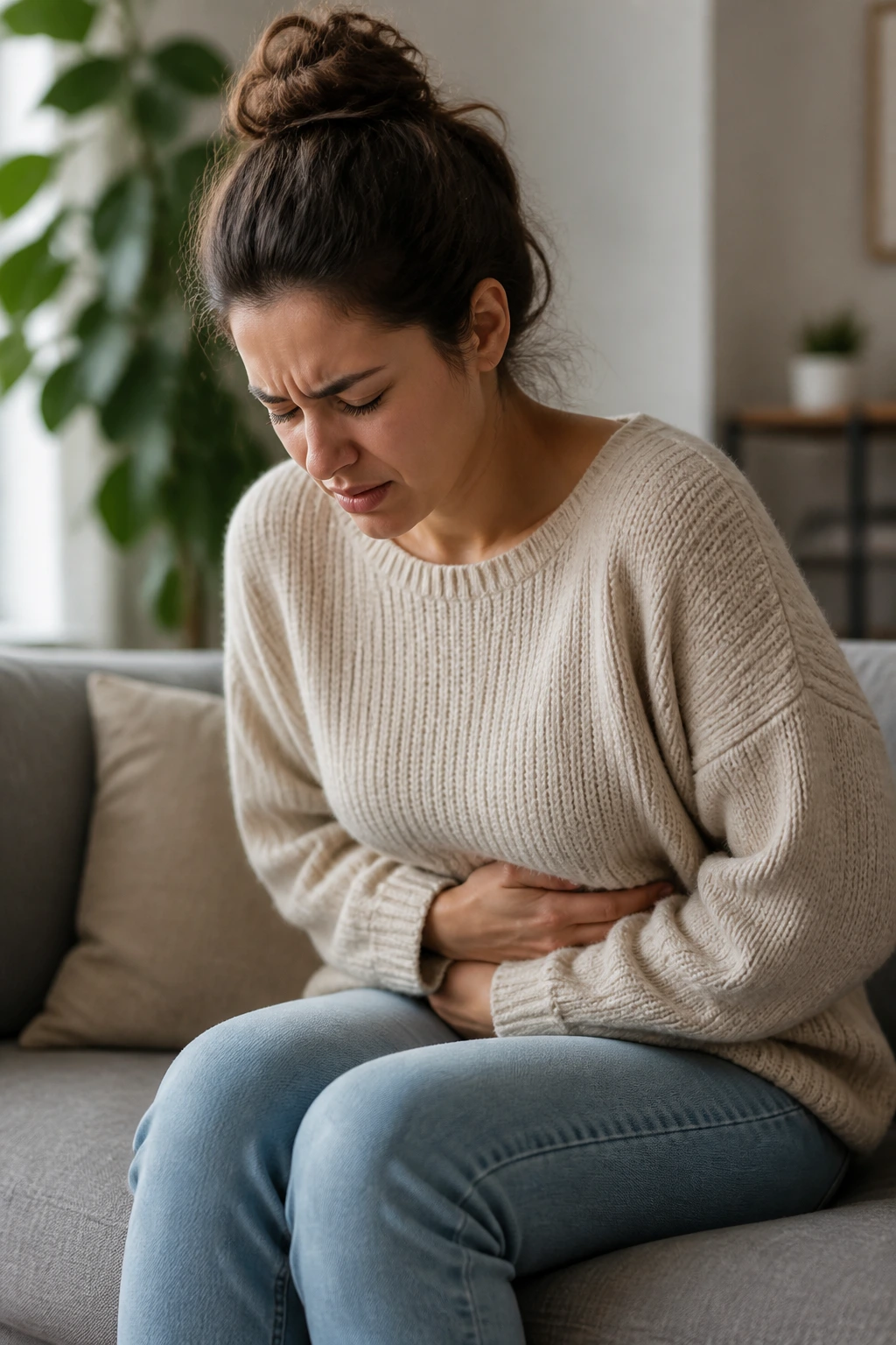Digestive Aid: Are Plantains Good For Constipation? 1 Medium-close portrait of a person showing stomach discomfort representing constipation.