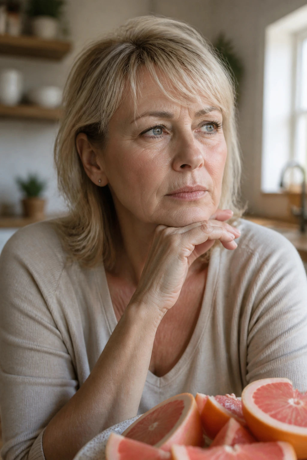 Thoughtful portrait of a person in a kitchen, representing considerations about grapefruit and diabetes.