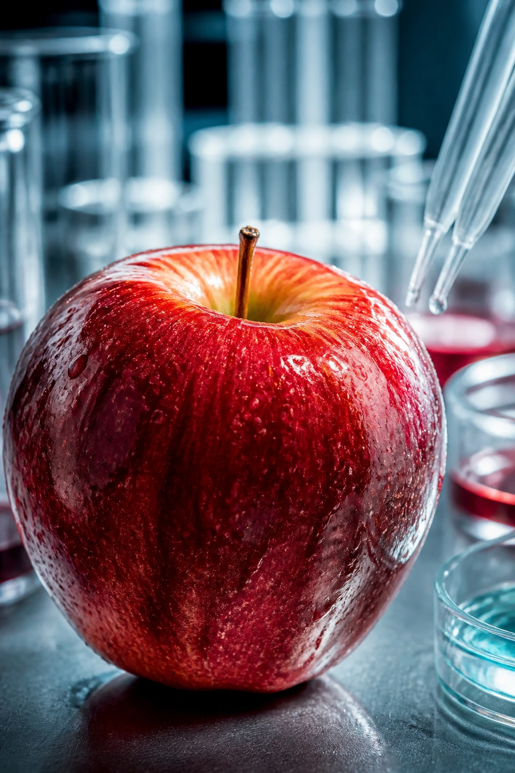 What Are Man-Made Fruits? 30 Fruits That Are Man-Made 5 Apple in a biotech lab background illustrating controversies around safety and environment