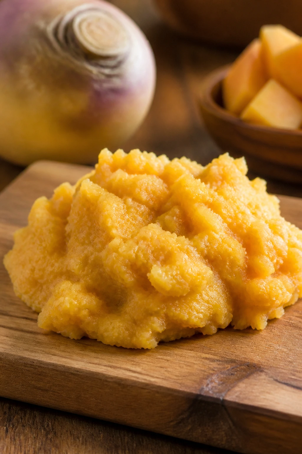 Cooked mashed rutabaga mound on a wooden board
