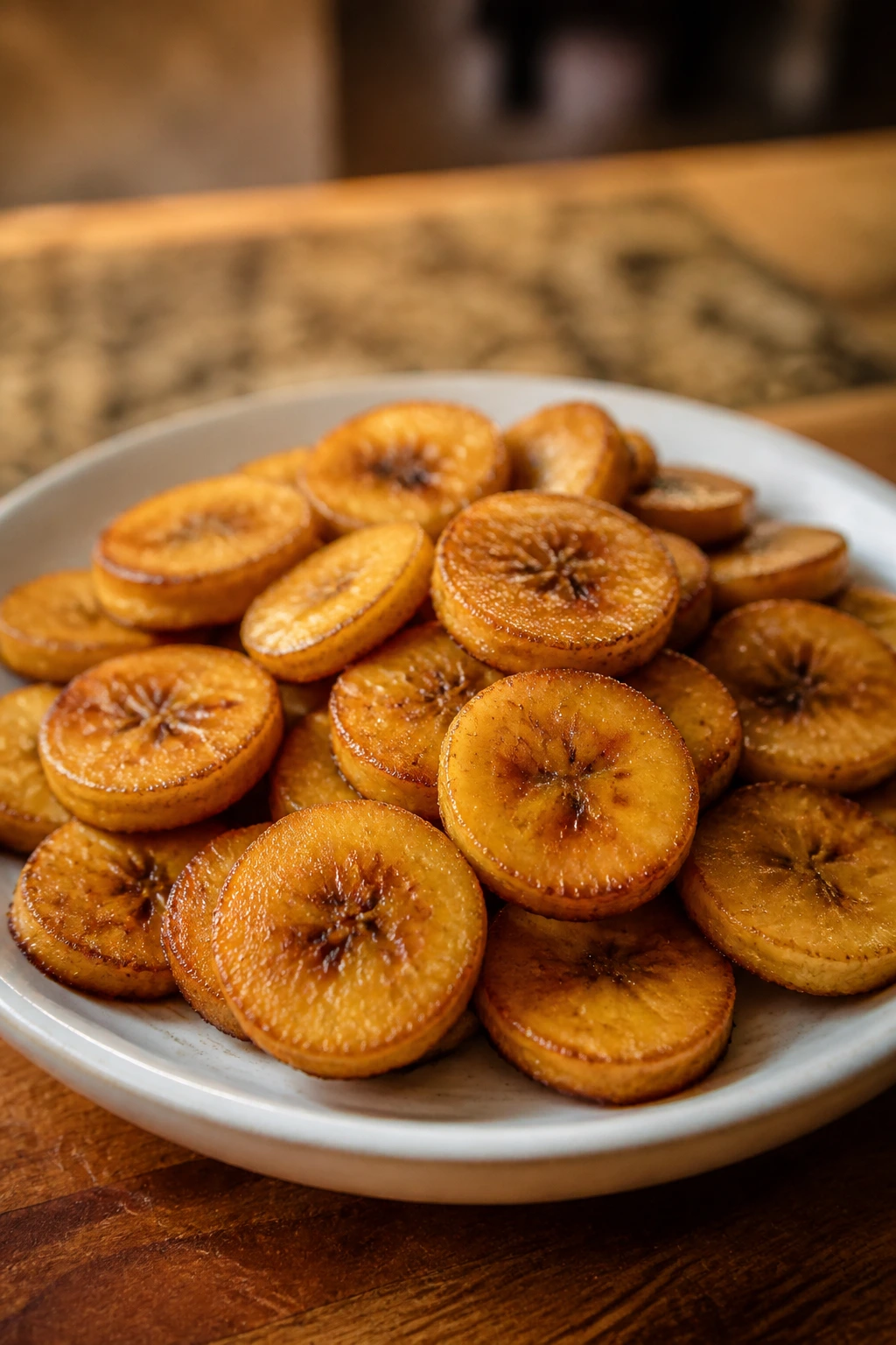 Cooked plantain slices on a plate ready to share with a dog