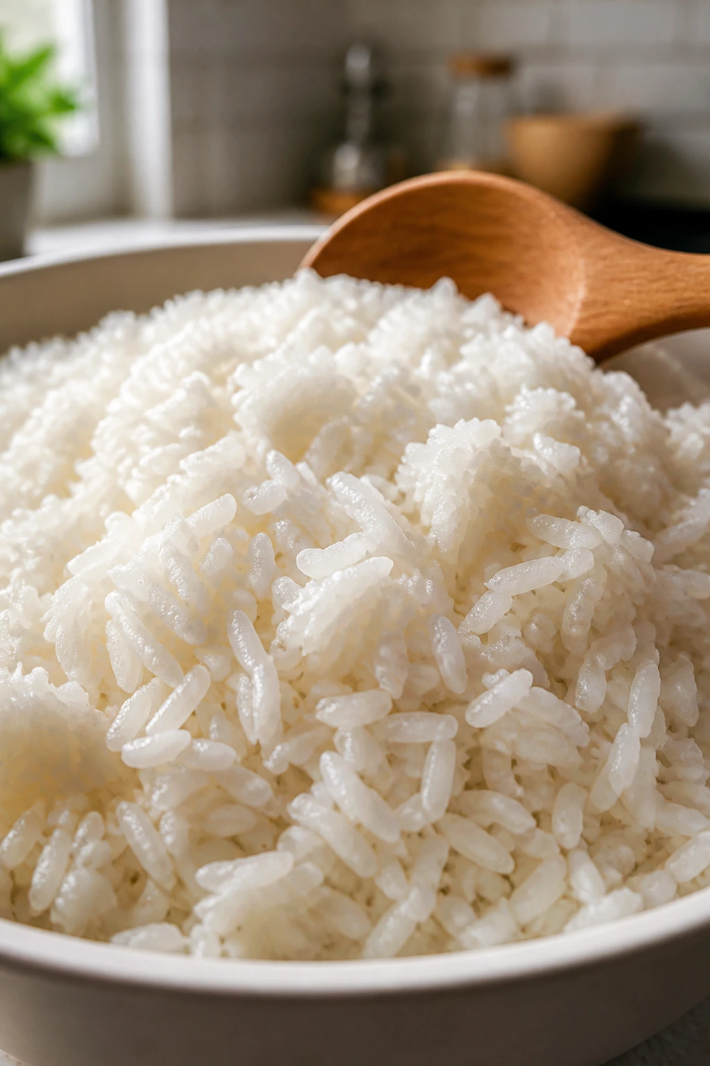 Is Rice A Fruit, A Vegetable, A Grain, Or A Seed? 5 Glossy mound of cooked rice with wooden spoon in kitchen