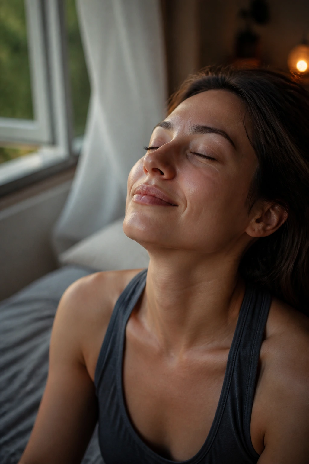 10 Surprising Benefits Of Eating Watermelon At Night 6 Close-up of a relaxed person in a bedroom with soft evening light.