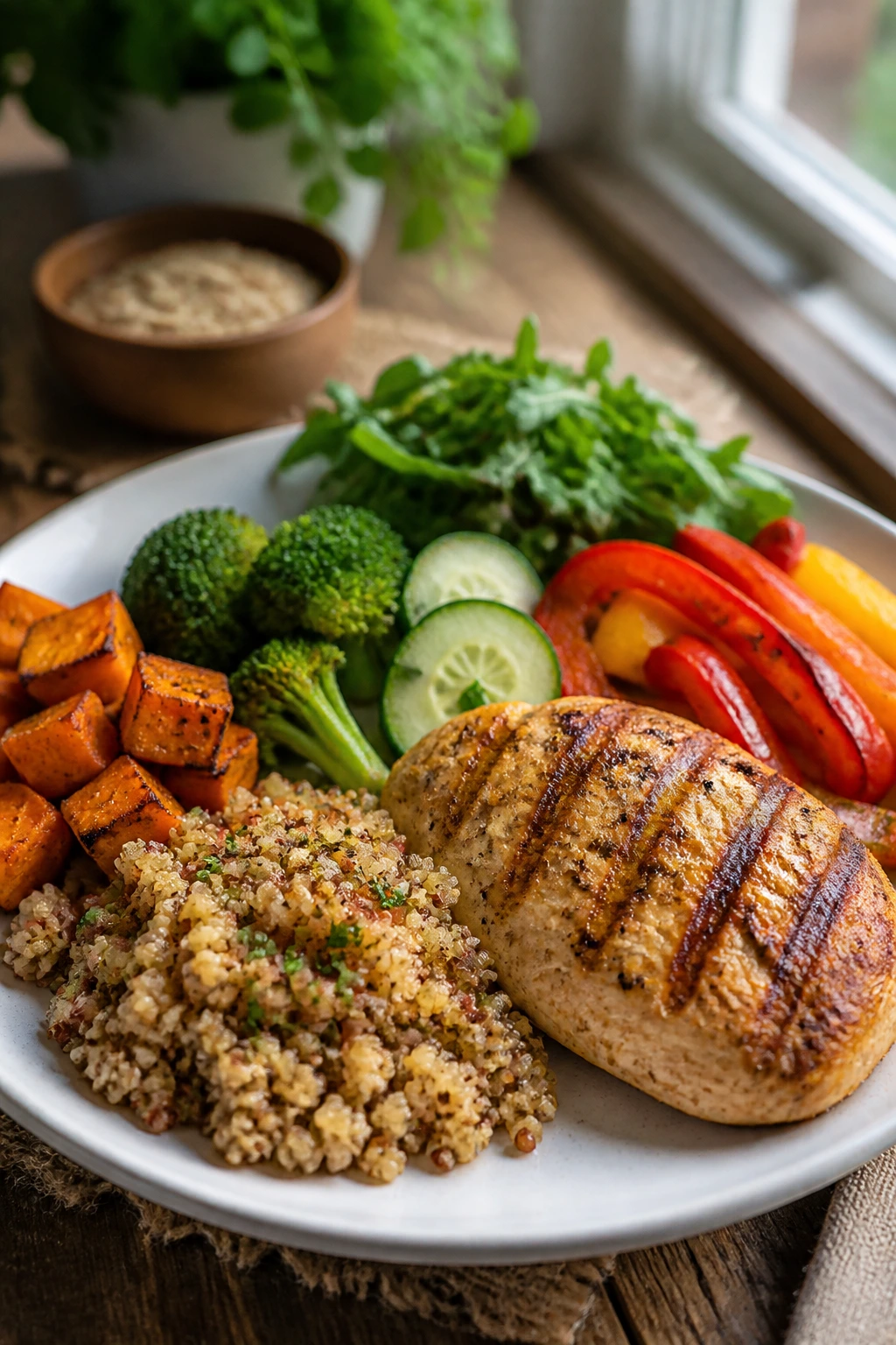 Respiratory Support: Are Bananas Good for COPD Patients? 1 Close-up plate of healthy foods for COPD, colorful vegetables and grains on a wooden table