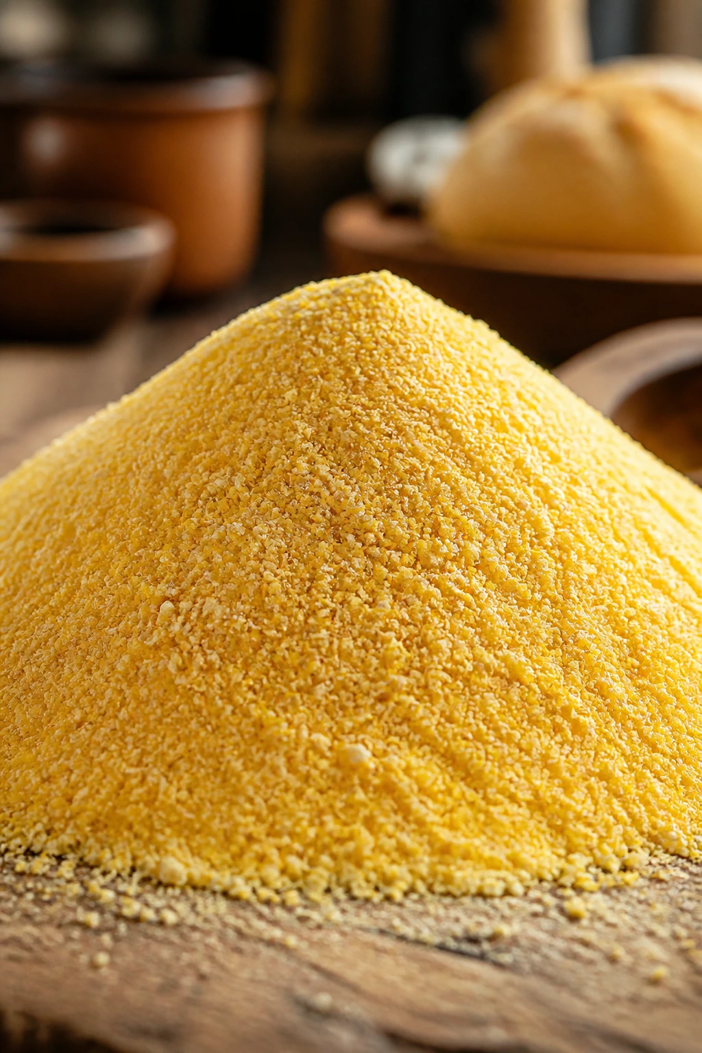 Pile of yellow cornmeal on wood surface