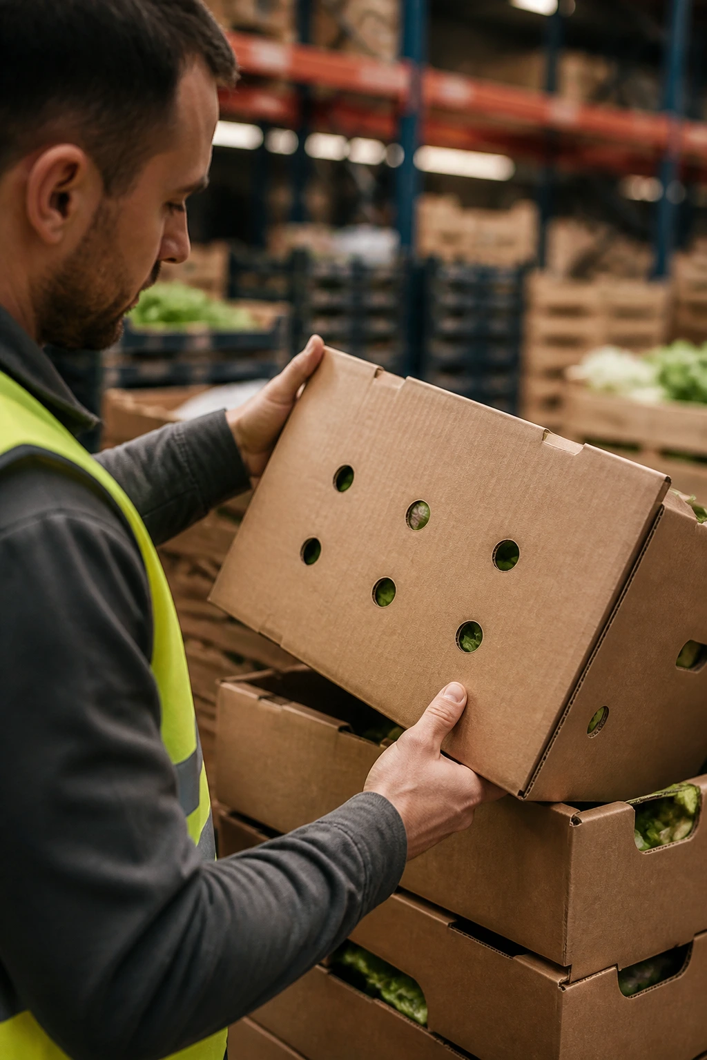 How To Ship Fruits And Vegetables:Â An Expert Guide 5 Worker inspecting corrugated cardboard boxes with air holes in a warehouse