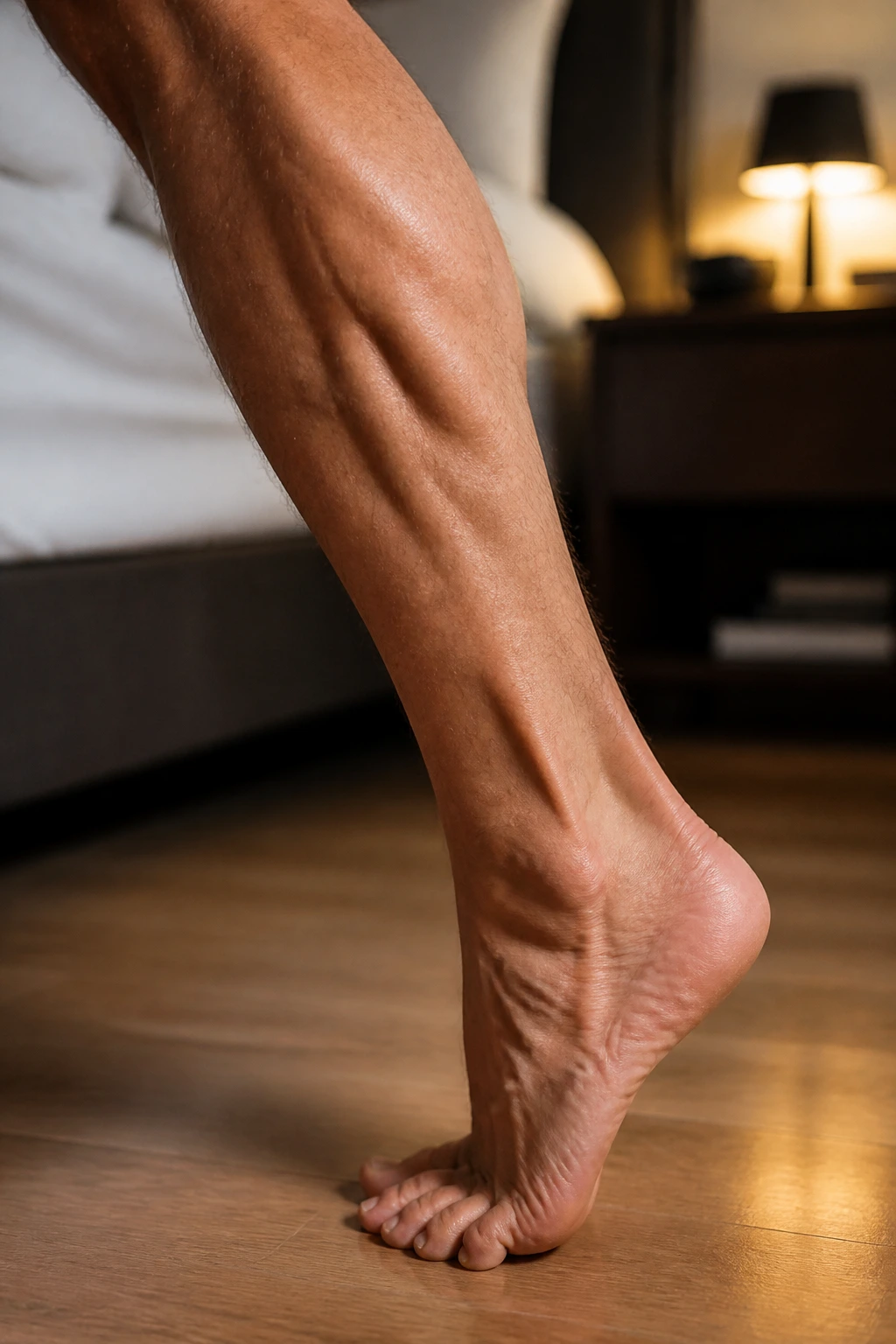 Cramp Relief: Are Bananas Good For Cramps? 3 Close-up of a tense calf during a leg cramp in a softly lit bedroom