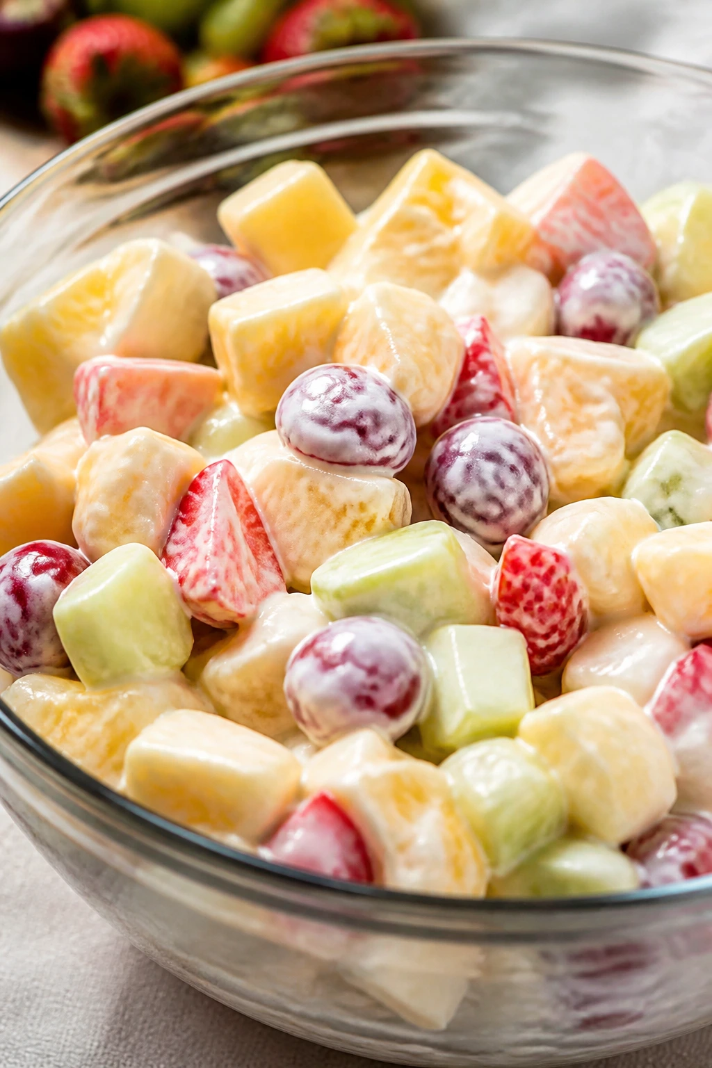 How Long Is Fruit Salad Good For? Shelf Life & Storage Tips 11 Cream-coated fruit salad in bowl on kitchen surface
