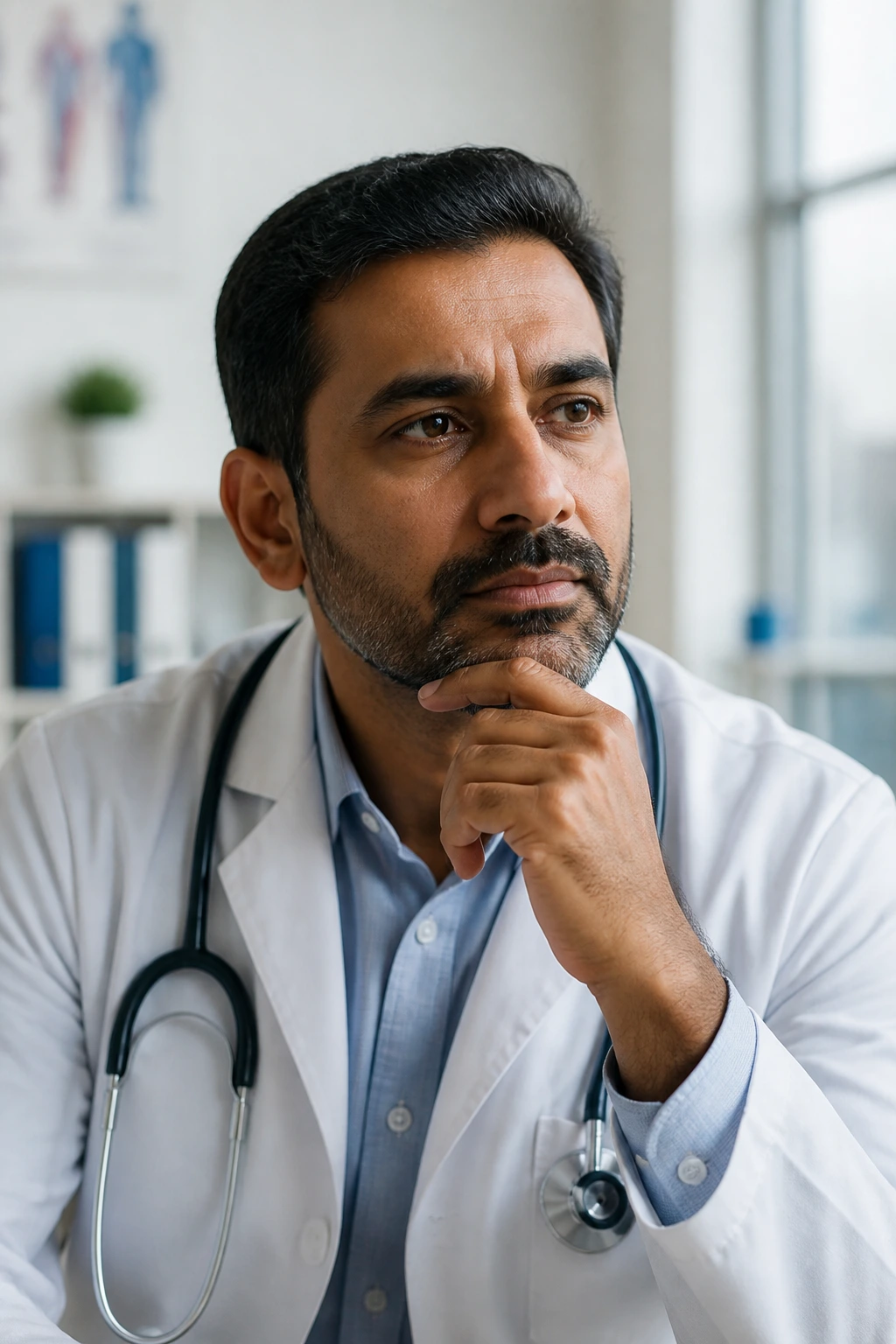 Close-up portrait of a person in a clinic contemplating kidney health and creatinine.