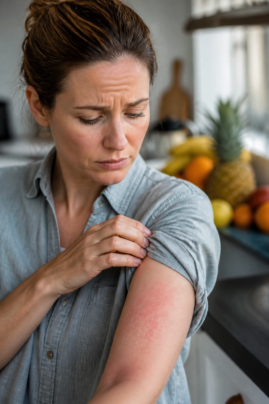How To Know If You Are Allergic To Pineapple 4 Person examining forearm for potential cross-reactivity to other fruits