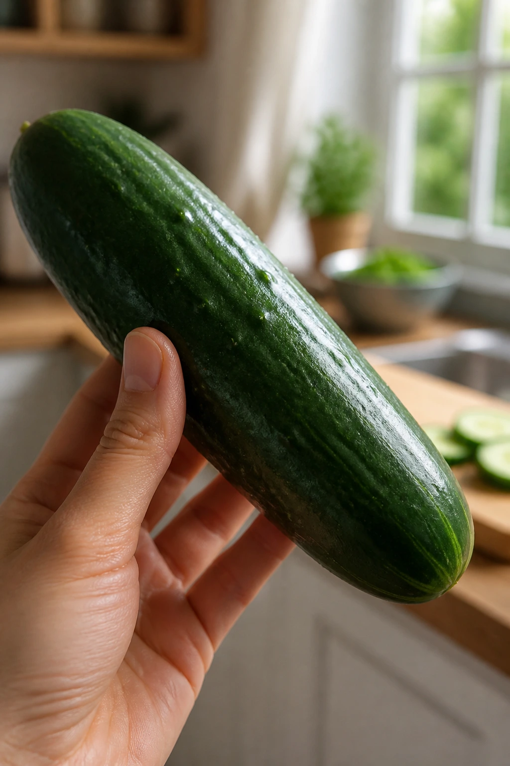 Banishing Breakouts: Are Cucumbers Good For Acne? 2 Close-up of a fresh cucumber in a kitchen