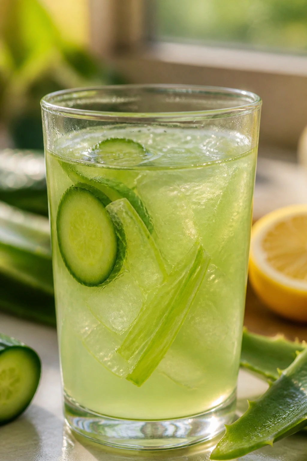 Close-up of cucumber aloe vera juice glass on sunlit counter