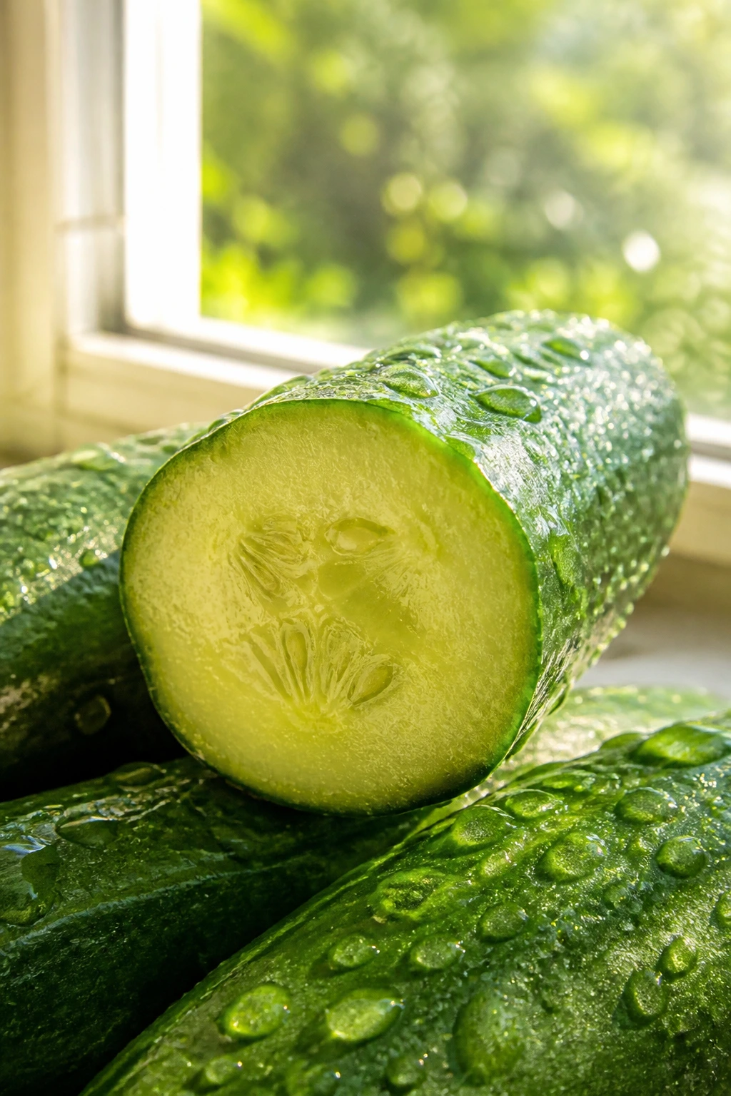 12 Surprising Health Benefits of Eating Cucumbers at Night 6 Dewy cucumber near sunlit window with garden blur