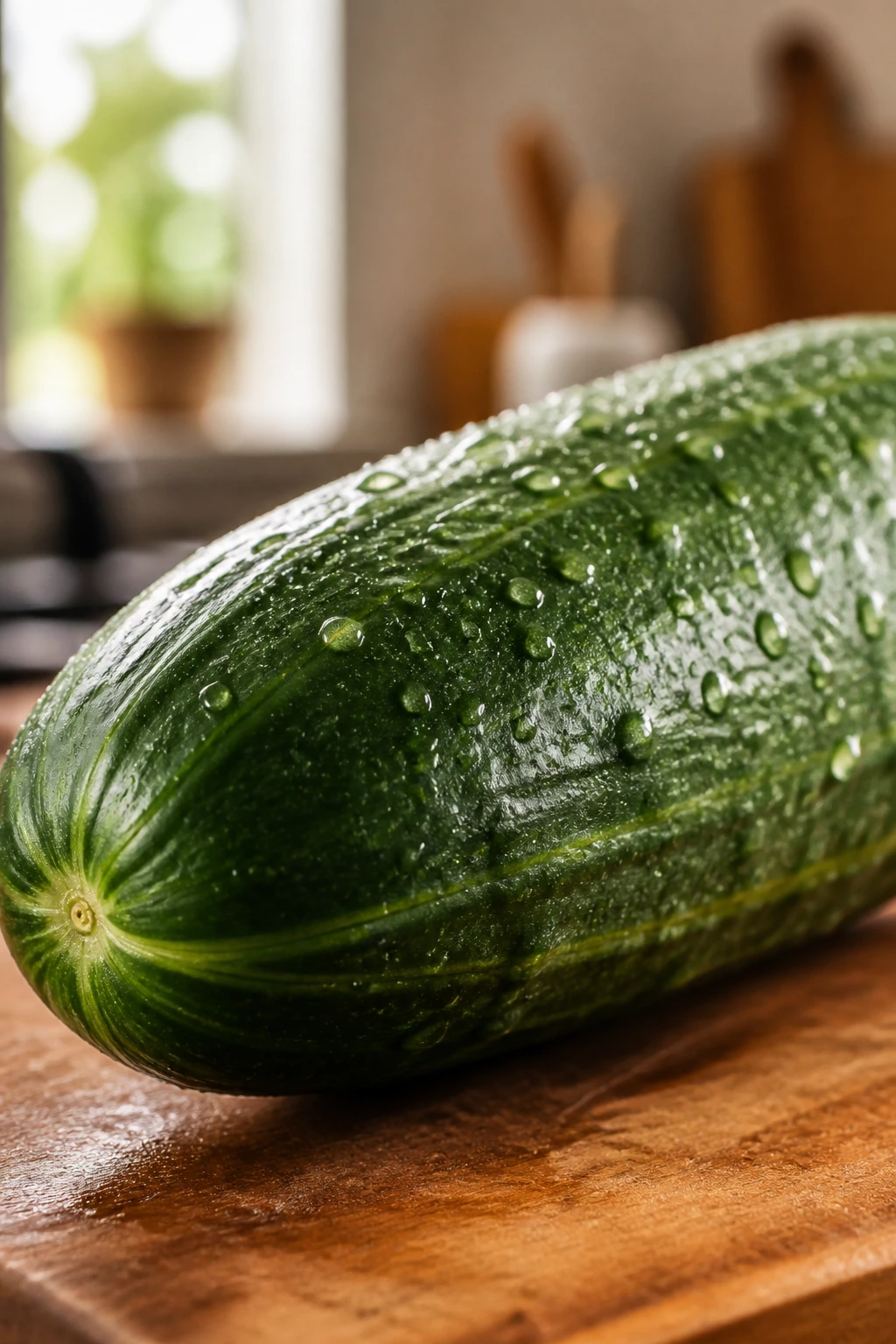 Close-up of a fresh cucumber dominating the frame with dew in a warm kitchen