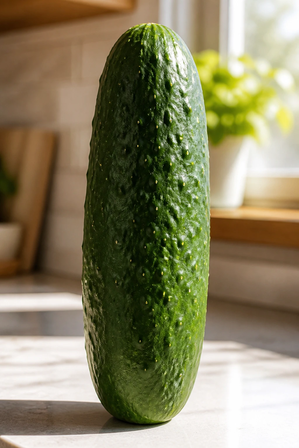 Single cucumber standing upright on a kitchen counter, sunlight highlighting its texture.