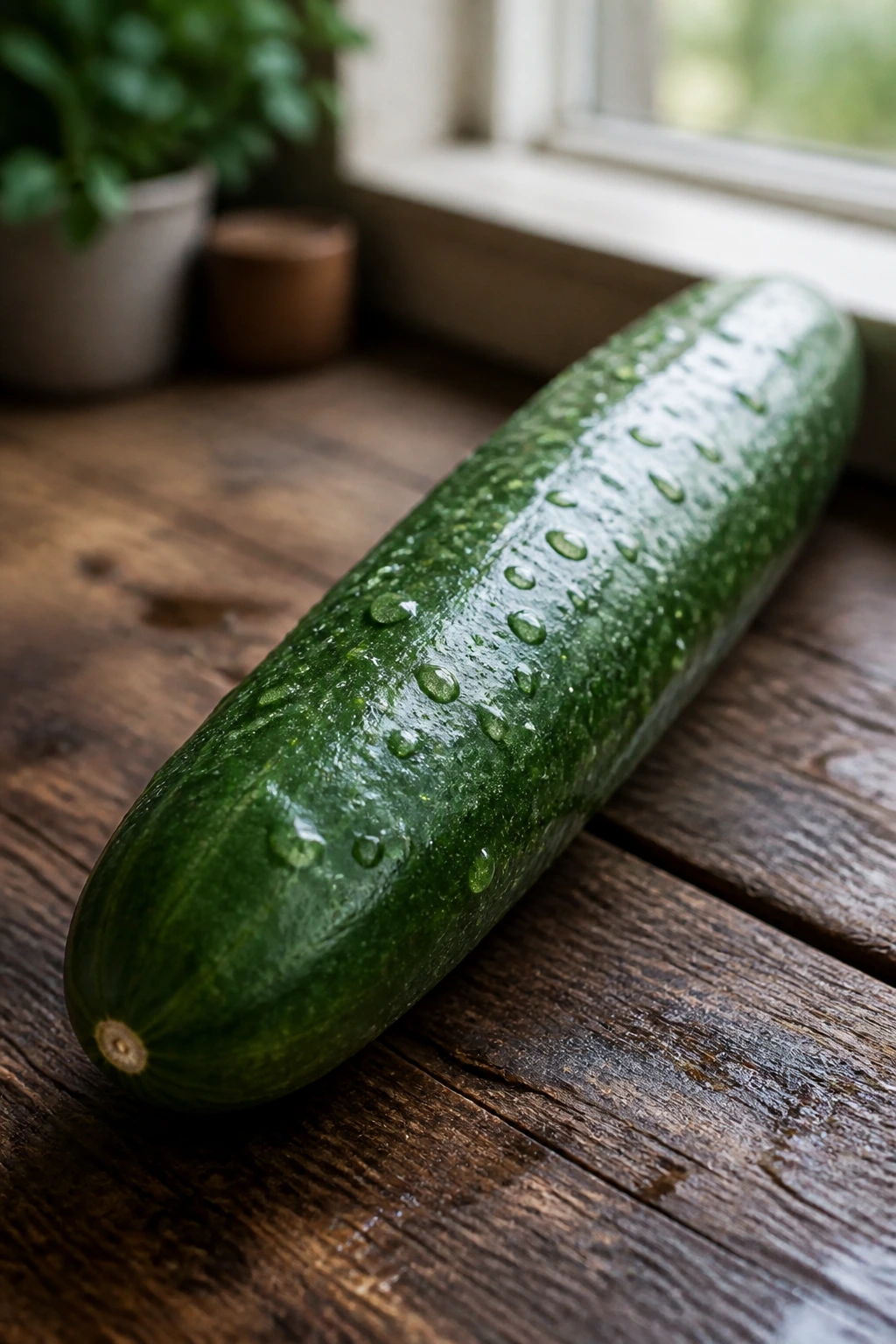 Close-up of a fresh cucumber on a wooden counter, highlighting hydration and nutrients relevant to arthritis.